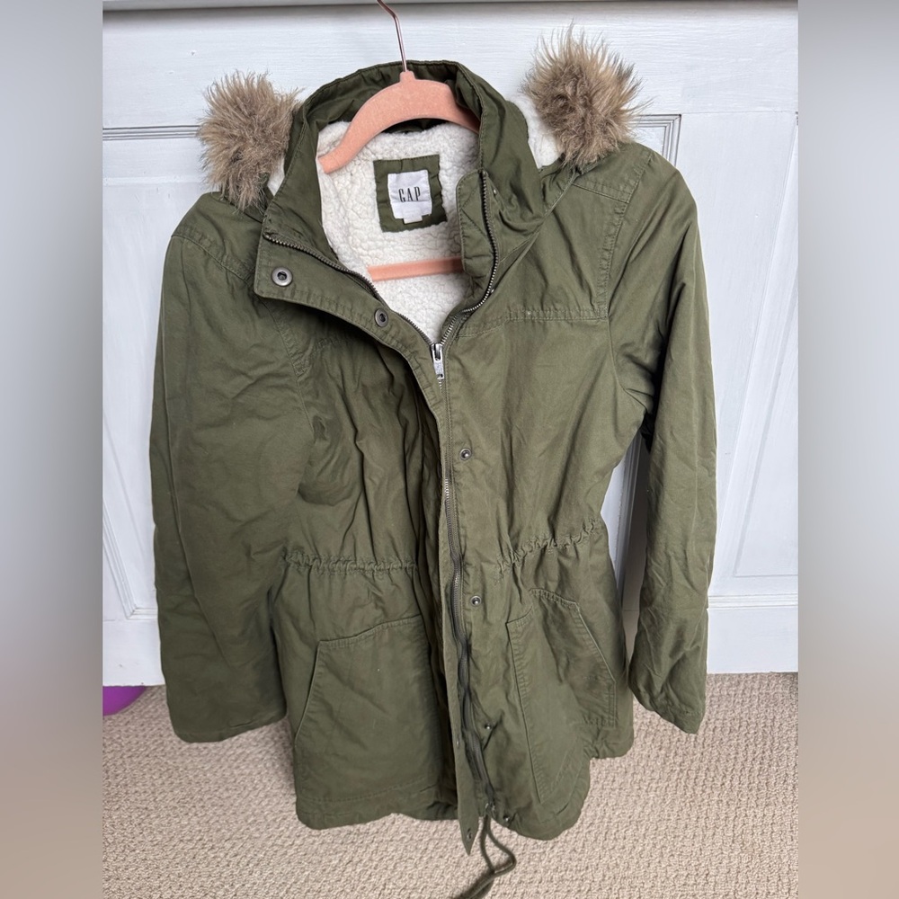 GAP Olive Green Parka with Faux Fur Hood